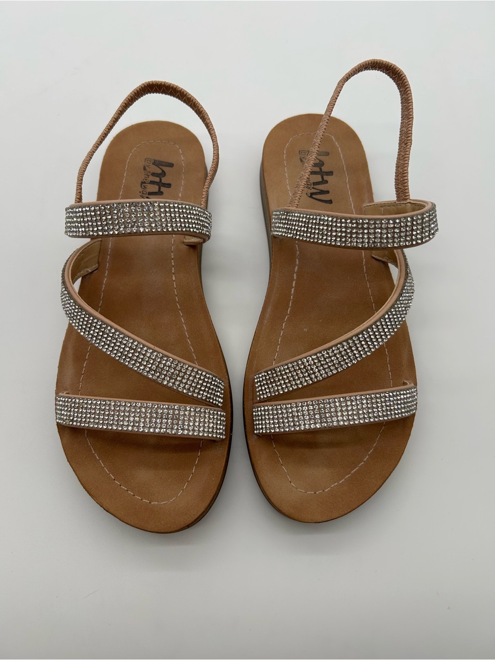 Embellished Tan Slingback Sandals with Rhinestone Straps size 7